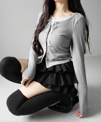 フロントリボンレースレイヤード長袖リブカーディガン ／front ribbon lace layered long-sleeve rib cardigan