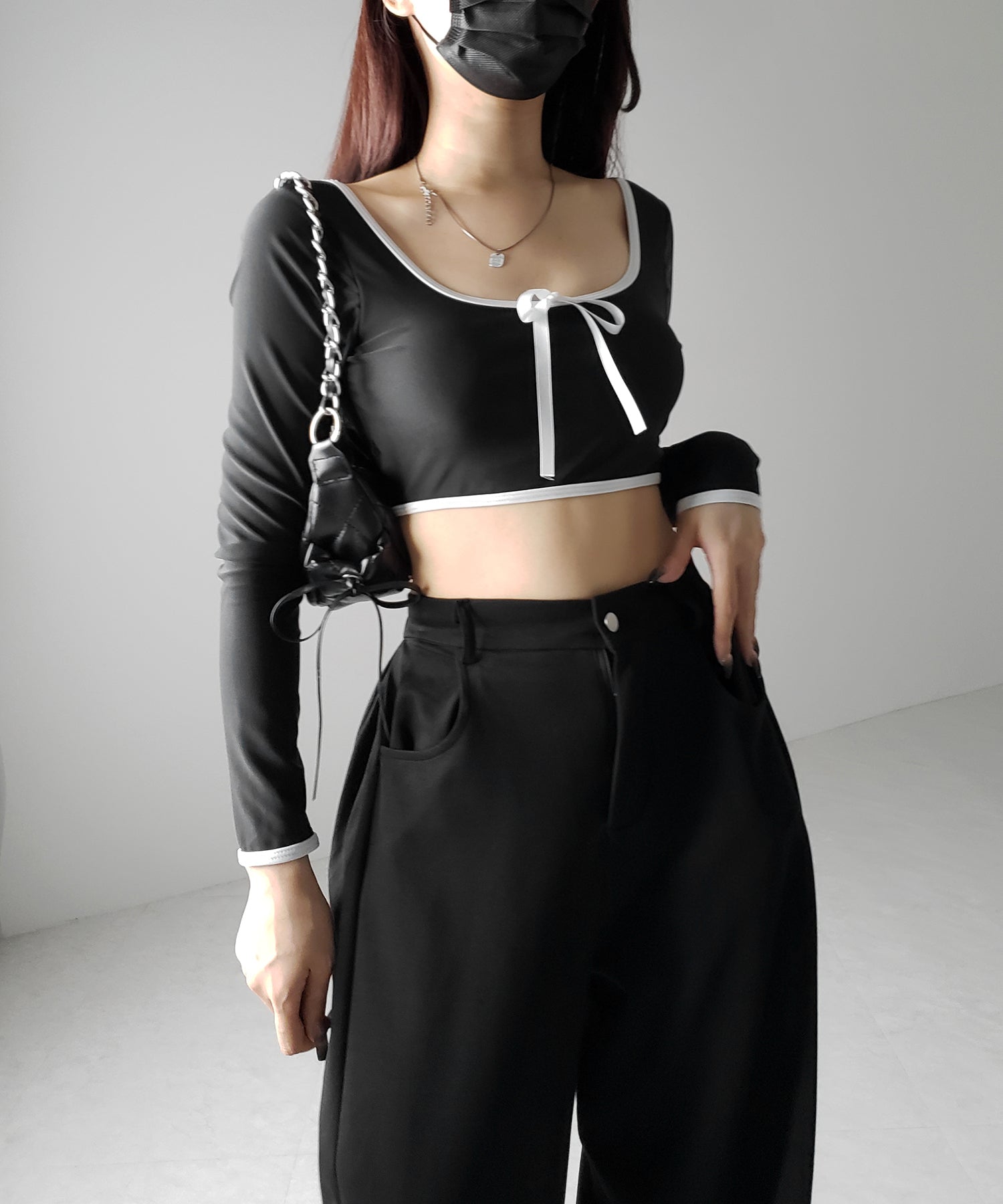 【 レディース水着／２点セット 】フロントリボンモノトーンハイウエストビキニ ／ front ribbon monotone high waist bikini