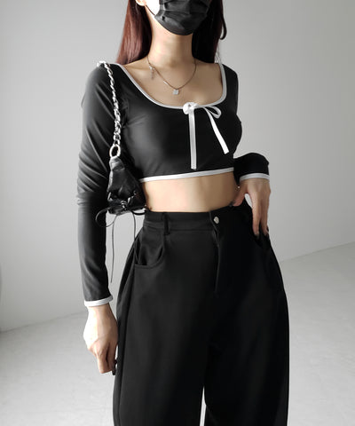 【 レディース水着／２点セット 】フロントリボンモノトーンハイウエストビキニ ／ front ribbon monotone high waist bikini