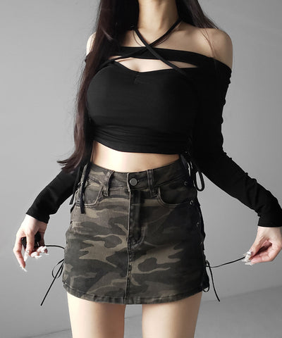 ヴィンテージカモフラレースアップデニムミニスカパン ／ vintage camouflage lace up denim mini skirt pants