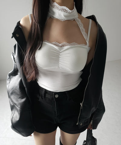 【 ２color ／ カップ付 】レースチョーカーストラップリブキャミソール ／ lace choker strap lib camisole