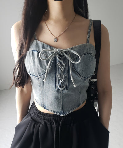 【 ２color 】レースアップリボンコルセットデニムビスチェ ／ lace up ribbon corset denim bustier