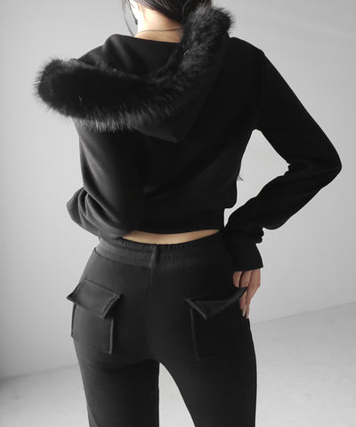 【 セットアップ 】ファーフードショートパーカー＆スウェットフレアパンツ ／ Fur short hoodie ＆ sweat flare pants SETUP