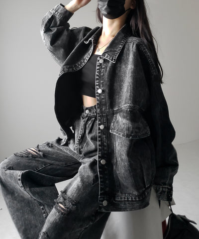 【 デニムセットアップ着用可能 】ヴィンテージケミカルブリーチタックダメージワイドデニム ／ vintage chemical bleach tuck damage wide denim