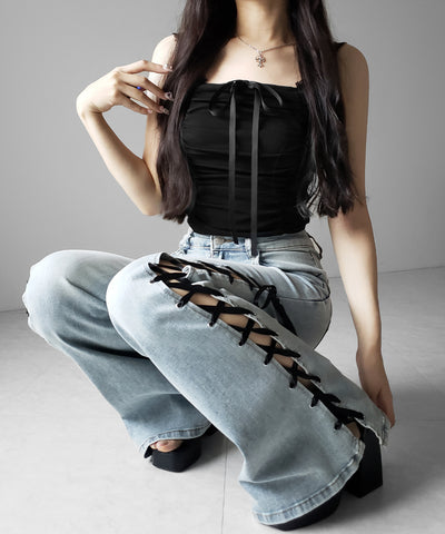 シャーリングギャザーフロントリボンキャミソール ／ shirring gather front ribbon camisole