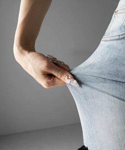 サテンリボンレースアップカットアウトストレッチフレアデニム ／ satin ribbon laceup cutout stretch flare denim