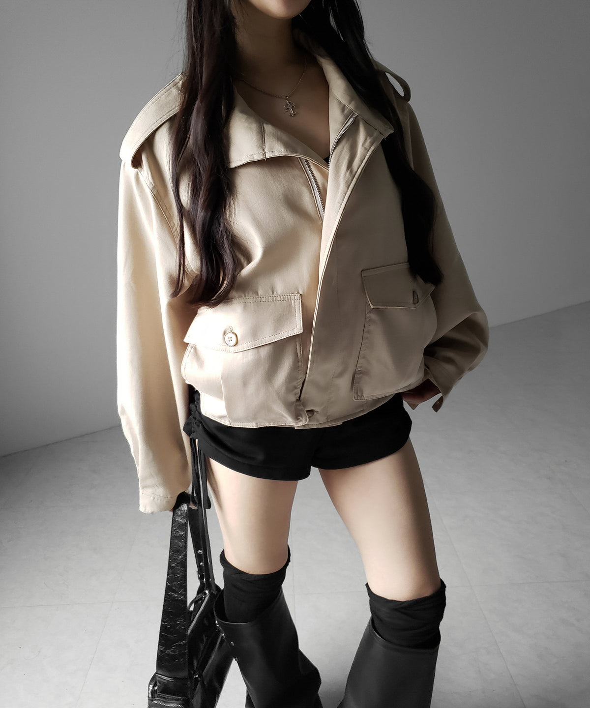 スタンドカラーオーバーショートトレンチコート ／ stand collar over short trench coat