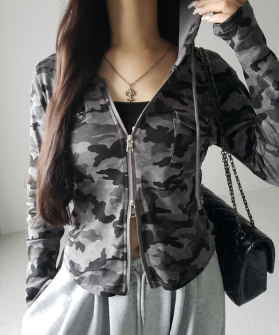 ヴィンテージカモフラダブルジップカットパーカー ／ vintage camouflage double zip cut hoodie