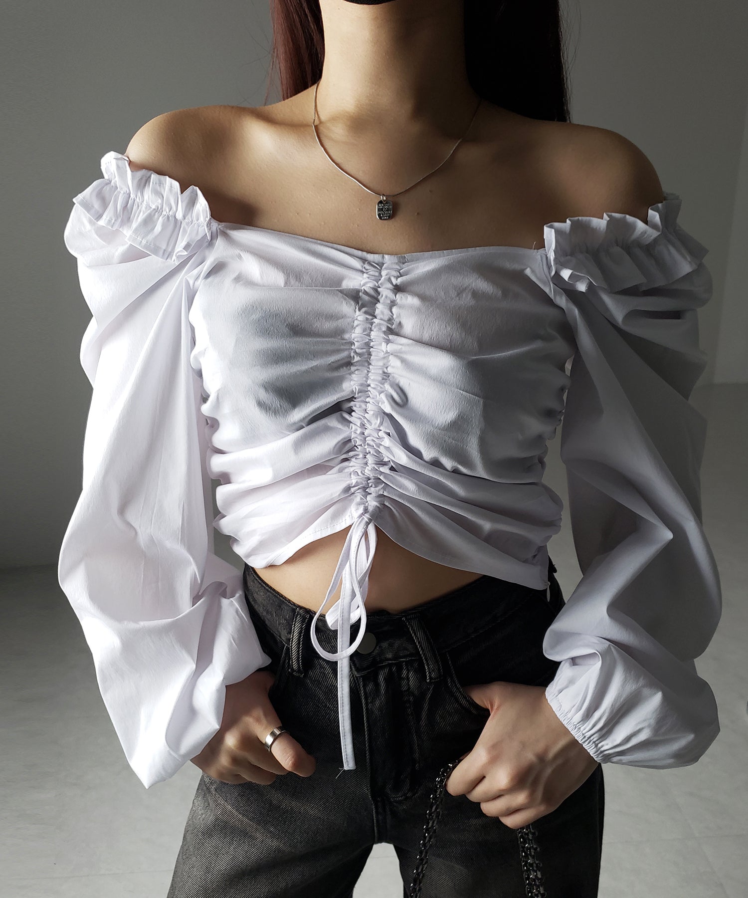 【 オフショルにできる２ＷＡＹ 】シャーリングリボンバレエコアパフスリーブブラウス ／ shirring ribbon ballet core puff sleeve blouse