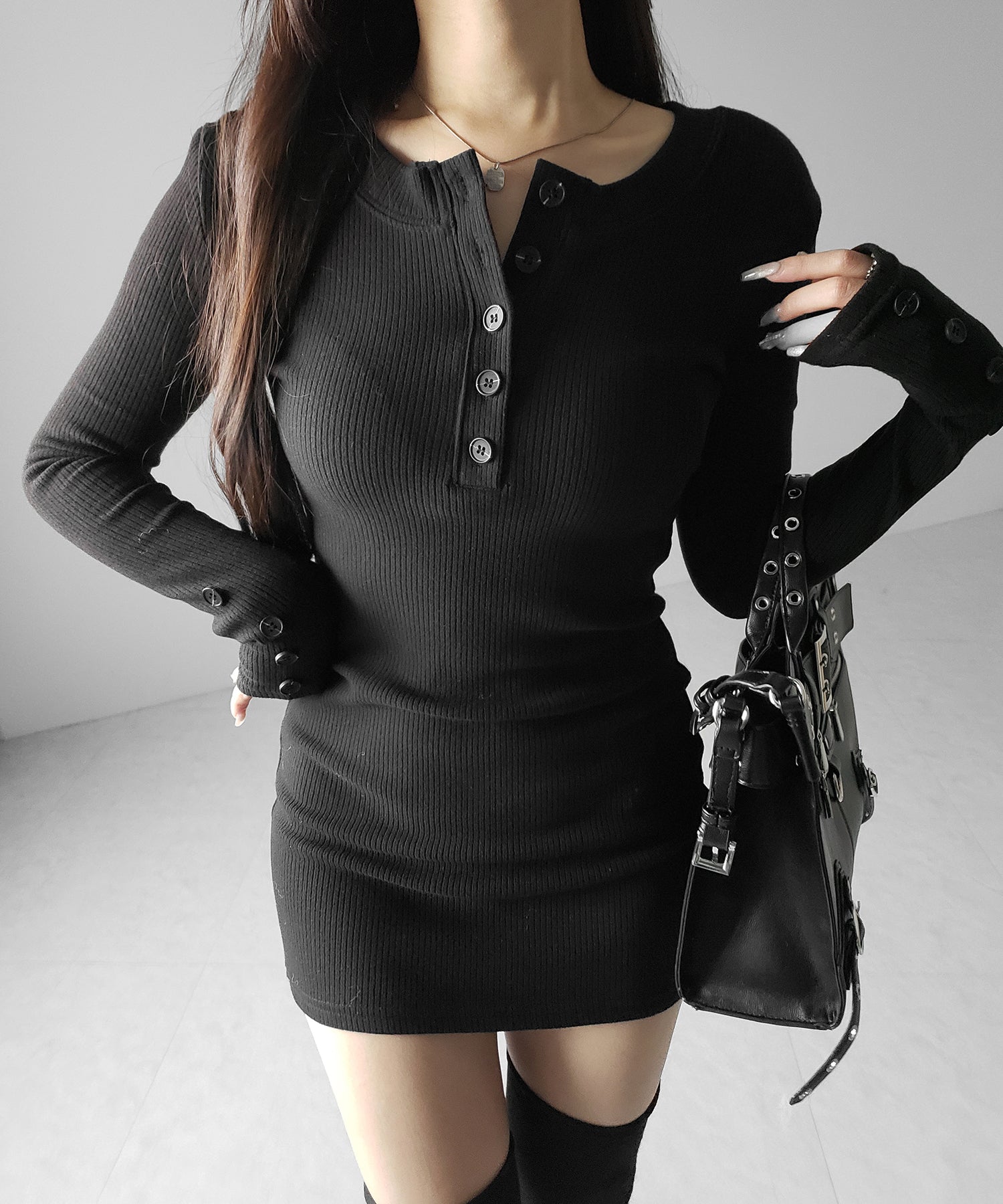 裏起毛ヘンリーネックタイトミニワンピース ／ urakimo henley neck tight mini onepiece