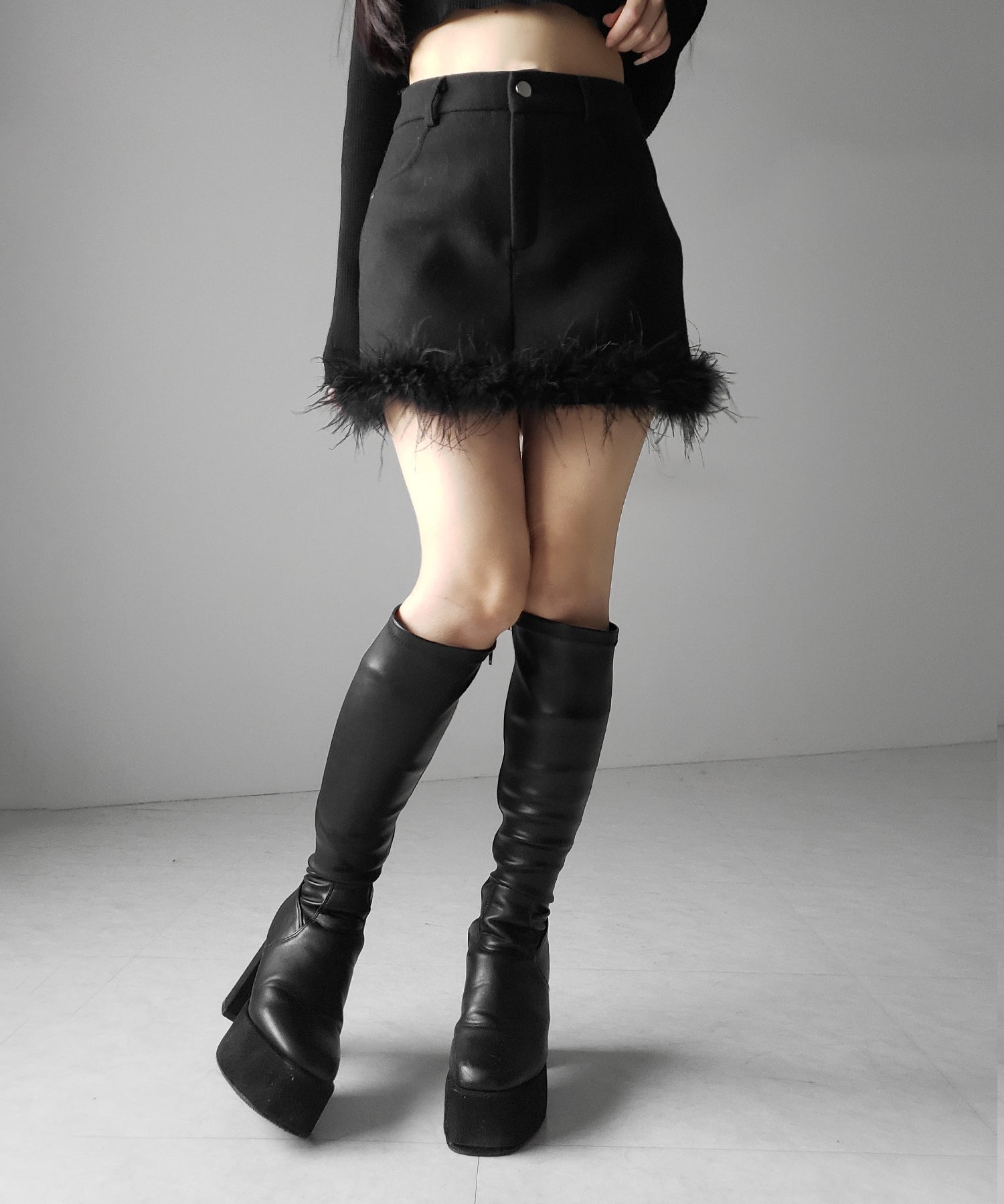 【 インナーパンツ裏地付 】ファードッキングウールライクレディミニスカート ／ fur docking woollike lady mini skirt