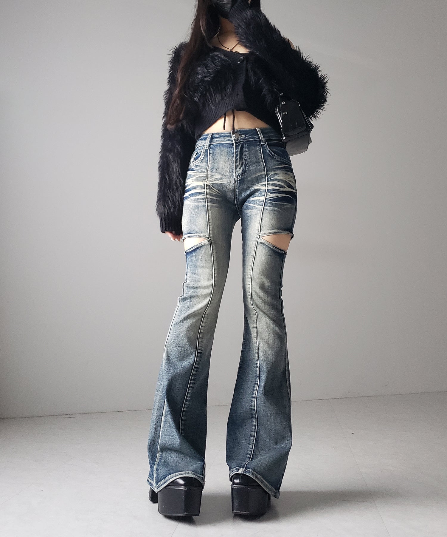 【 ２color ／ ３size 】カットアウトヴィンテージストレッチフレアデニム ／ cutout vintage stretch flare denim