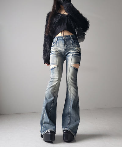 【 ２color ／ ３size 】カットアウトヴィンテージストレッチフレアデニム ／ cutout vintage stretch flare denim