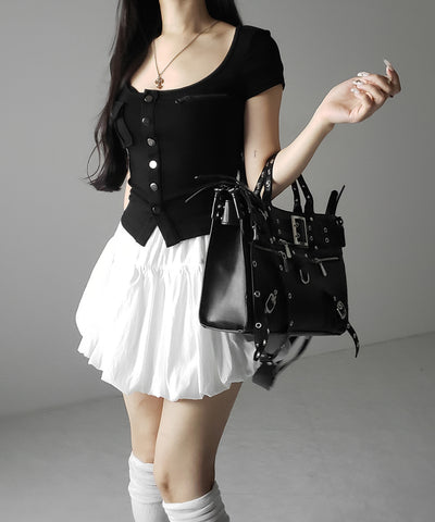 【 ２color ／インパン裏地付き 】ティアードコットンバルーンミニスカート ／ tiered cotton balloon mini skirt