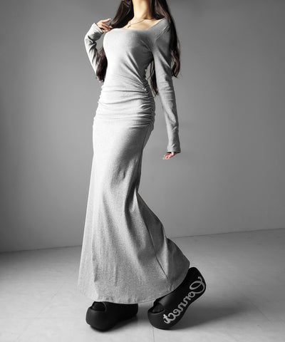 スクエアネックシャーリングマーメイド長袖ロングタイトワンピ ／ Square neck shirring mermaid long-sleeved long tight onepiece