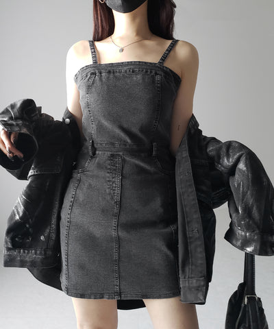 【 ２color 】ウォッシュデニムハイウエストミニキャミワンピース ／ wash denim high waist mini cami onepiece