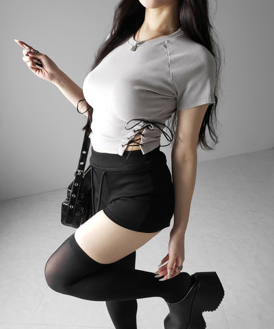 ヴィンテージサイドレースアップカットアウト半袖ショートTシャツ ／ vintage side lace up cutout short short sleeve T-shirts