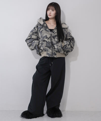 カモフラフェイクファーフーディ中綿ジャケット ／ camouflage fake fur hoodie down jacket
