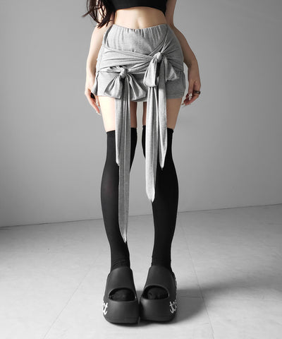ダブルレイヤードリボンドレープミニスカパン ／ double layered ribbon draped mini skirt pants