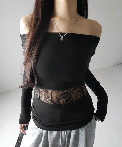 【 ２color 】ウエストレースカットアウトオフショルトップス ／ waist lace cutout offshoulder tops