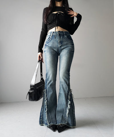 【 ２color ／ ４size 】ヴィンテージライクフリンジストレッチフレアデニム ／ Vintage-like fringe stretch flare denim