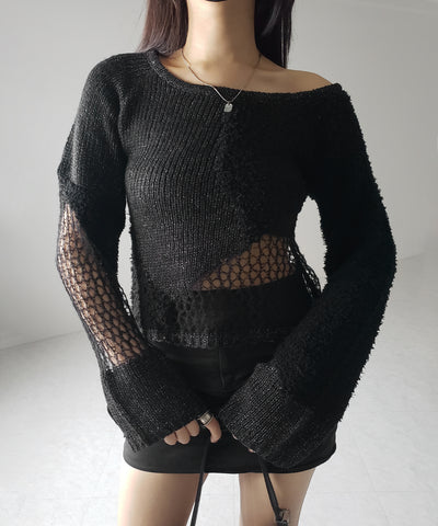 【 ２color 】異素材ドッキングスカシアミニットトップス ／ mixed material docking openwork knit tops