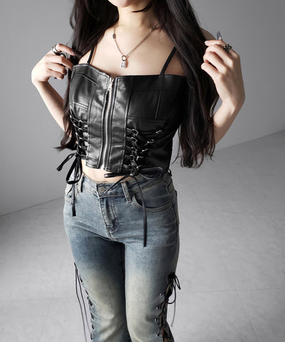 ダブルリボンレースアップフェイクレザーショートビスチェ ／ double ribbon laceup fake leather short bustier