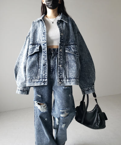 【 デニムセットアップ着用可能 】ヴィンテージケミカルブリーチタックダメージワイドデニム ／ vintage chemical bleach tuck damage wide denim