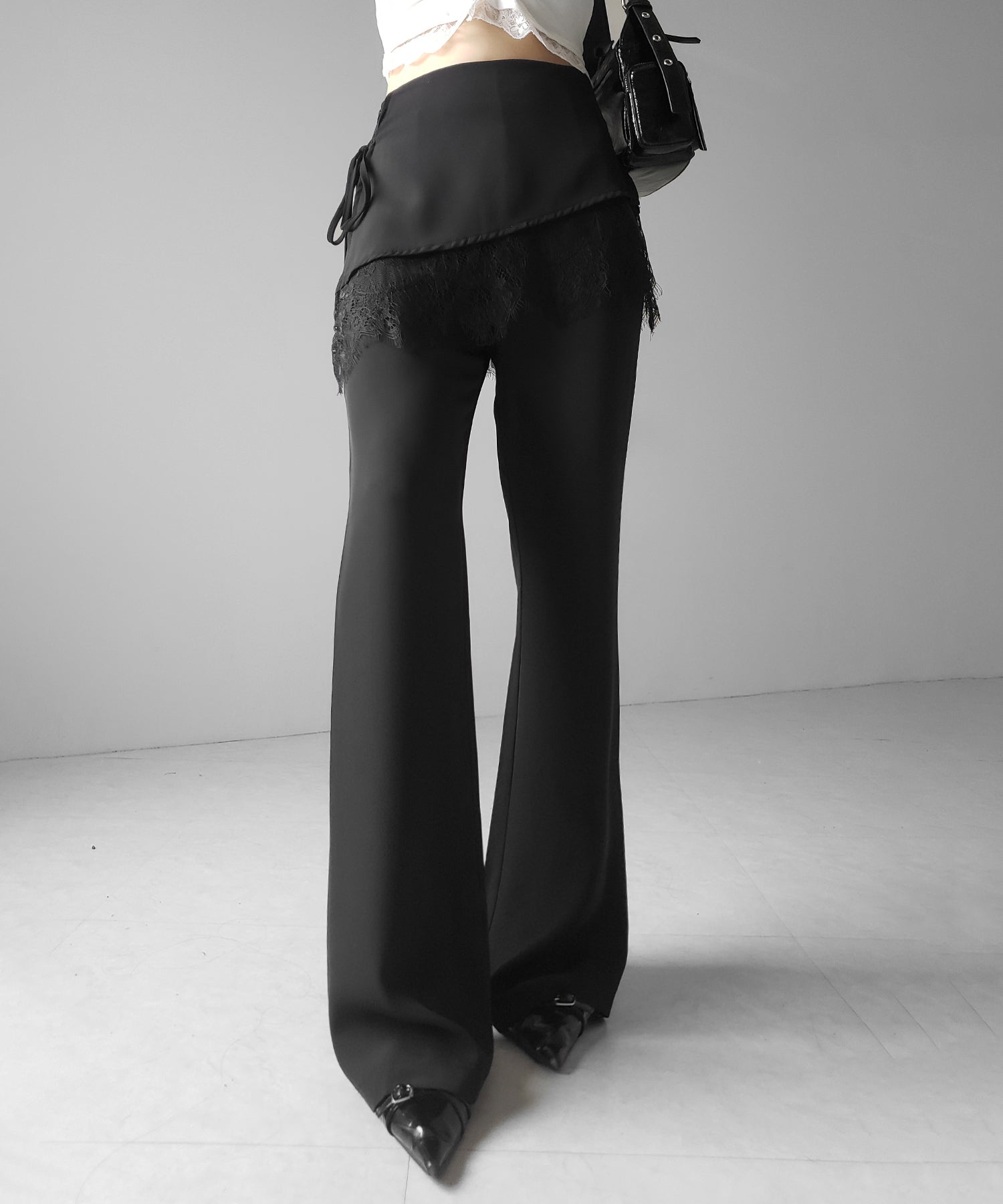 【３size 】レースレイヤードサイドリボンラップフレアスラックス ／ lace layered side ribbon wrap flare slacks