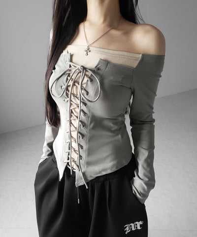 レースアップコルセットリボンオフショルトップス ／ laceup corset ribbon off shoulder tops