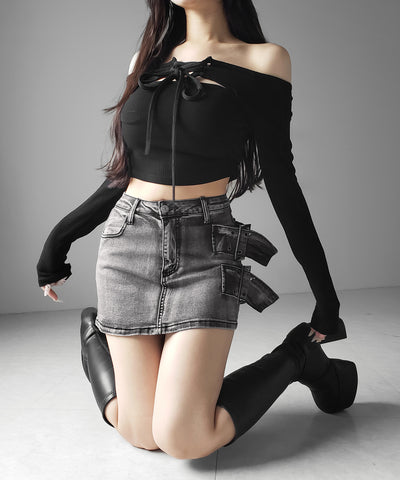 【 インパン裏地付 】ダブルハトメベルトヴィンテージデニムミニスカート ／ Double eyelet belt vintage denim mini skirt