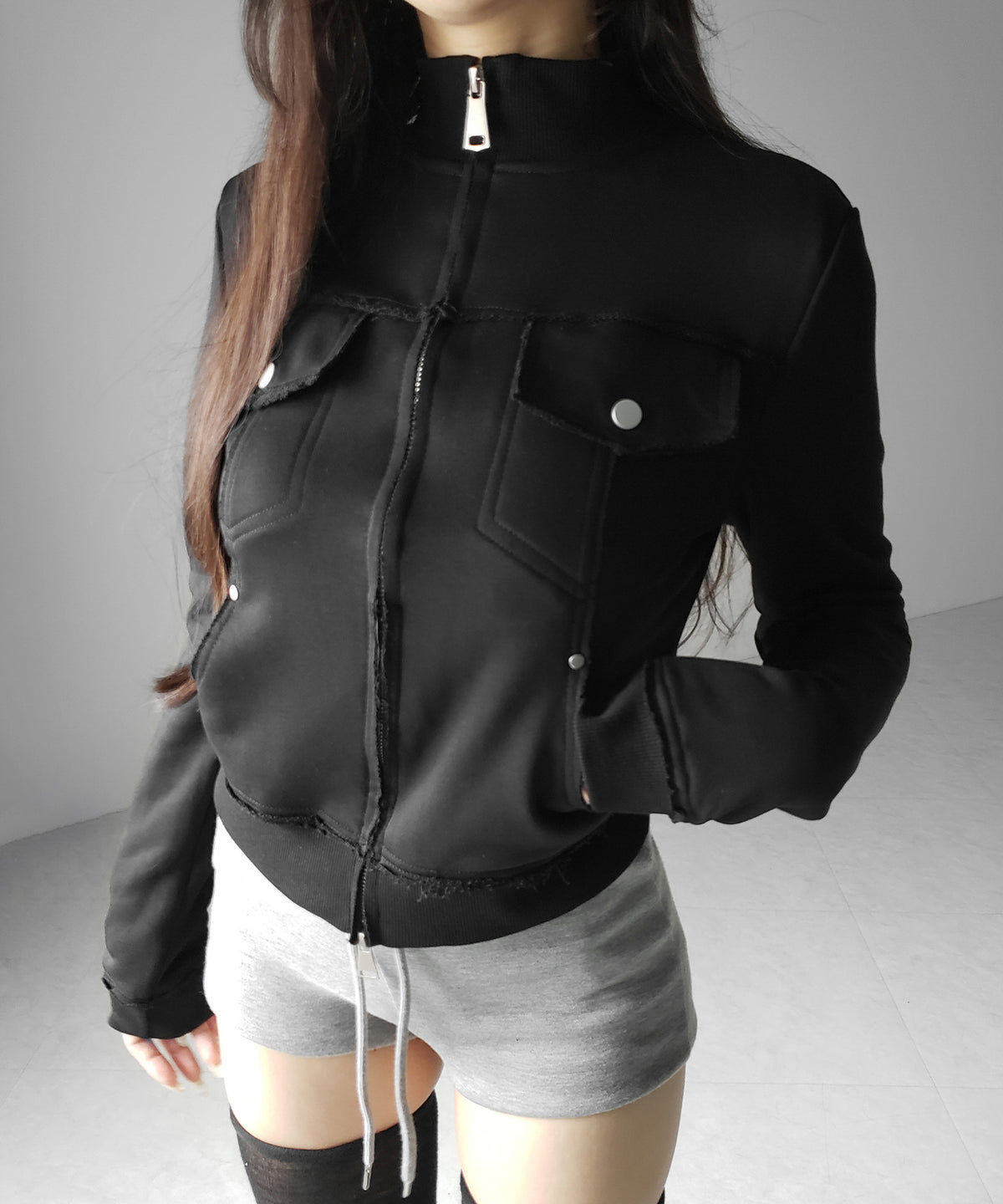 ダブルジップアウトポケット裏毛スリムジャケット ／ Double-zip outer pocket sweat slim jacket