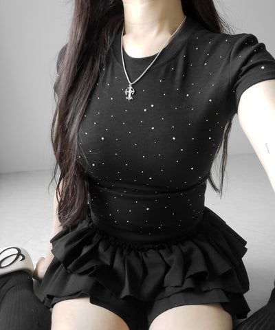 ラインストーン半袖タイトＴシャツ ／ Rhinestone short sleeve tight T-shirt