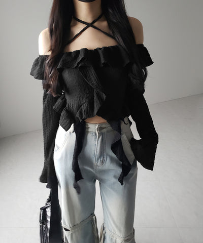 【 ２color 】クロスストラップリボンオフショルダーフリルブラウス ／ cross strap ribbon off shoulder frill blouse