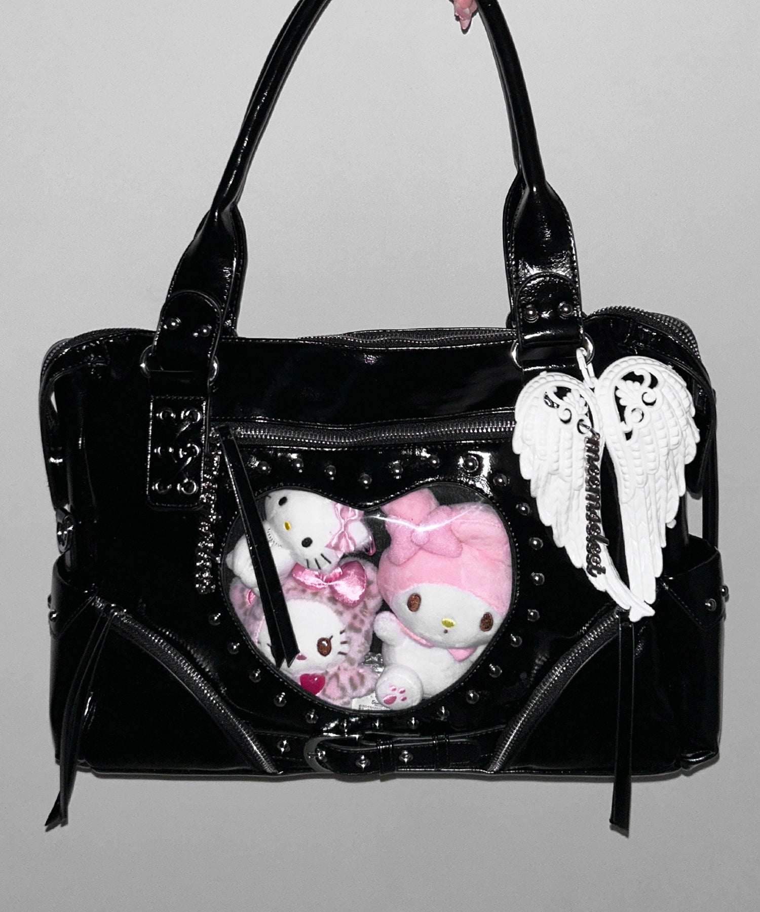 【 限定先行販売 】ハートクリアポケットスタッズフェイクレザートートバッグ ／ heart clear pocket studs fake leather tote bag