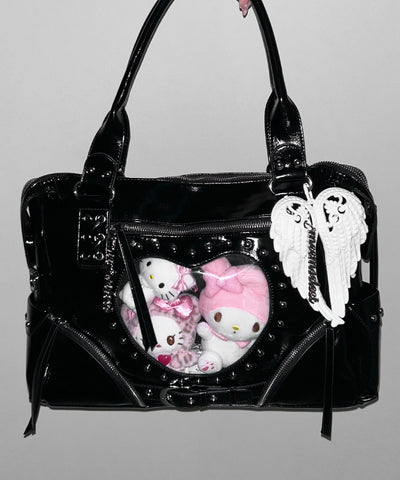 【 限定先行販売 】ハートクリアポケットスタッズフェイクレザートートバッグ ／ heart clear pocket studs fake leather tote bag