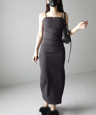 【 パッド付き 】バックストラップサイドシャーリングスリットロングキャミワンピース ／ back strap side shirring slit long cami onepiece