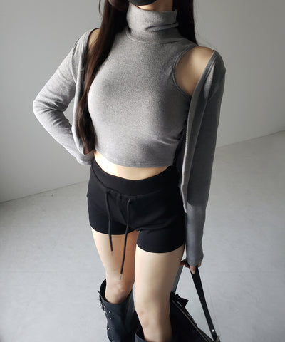 【 裏微起毛 ／ 2点セット 】ハイネックノースリーブトップス ＋ ショートカーディガン SET ／ high neck nosleeve tops + short cardigan SET