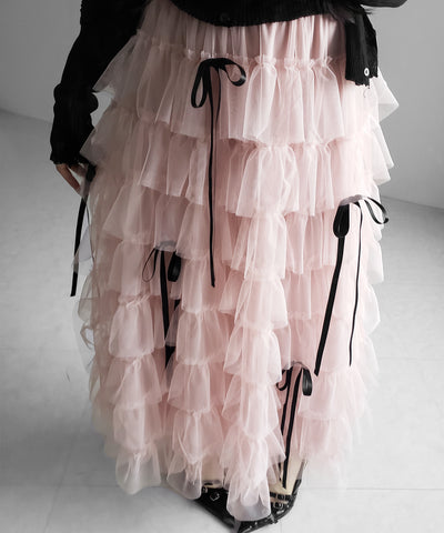 【 新色ピンク追加！／５color 】ストラップリボンバレエコアチュールスカート ／strap ribbon ballet core tulle skirt