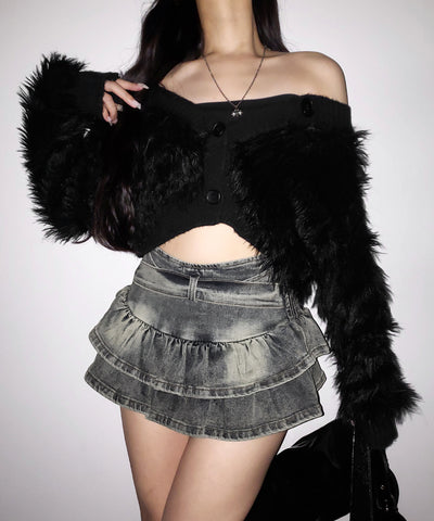 【 ２color 】ベルテッドフリルヴィンテージデニムミニスカパン ／ Belted frill vintage denim mini skirt pants