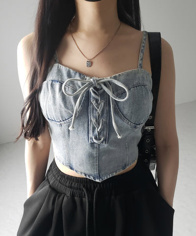 【 ２color 】レースアップリボンコルセットデニムビスチェ ／ lace up ribbon corset denim bustier