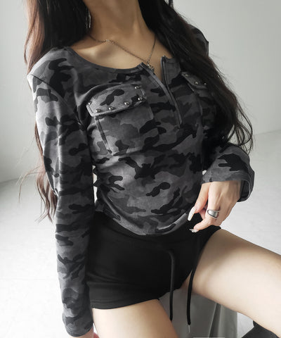 ヴィンテージカモフラアウトポケットジップロンT ／ vintage camouflage out pocket zip longsleeve T-shirt
