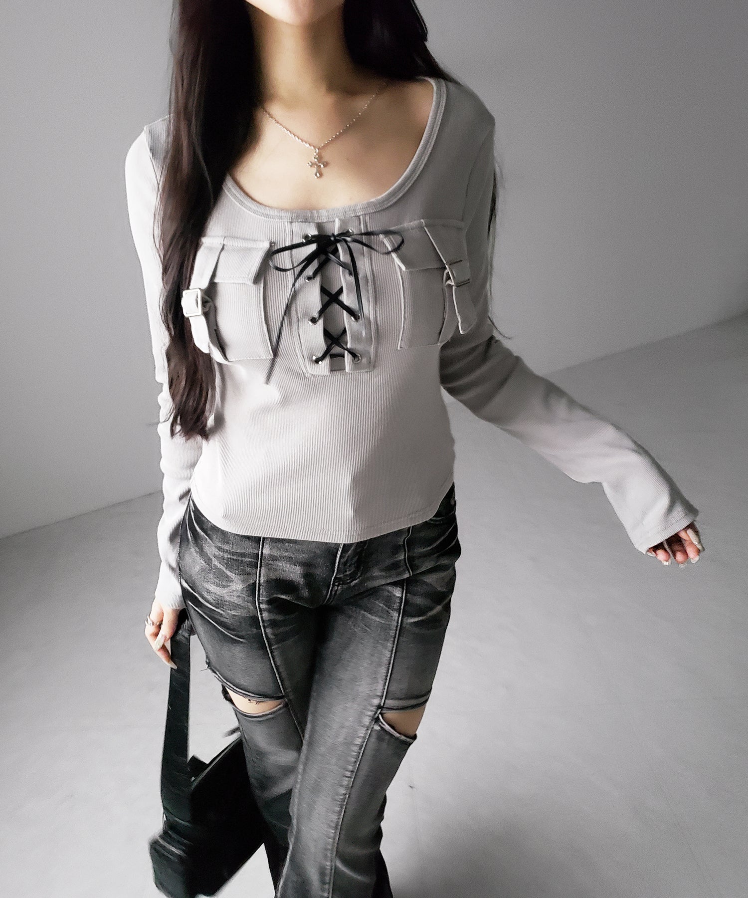 ヴィンテージレースアップアウトポケットスクエアリブロンT ／ vintage laceup outpocket square lib long slleve T-shirts