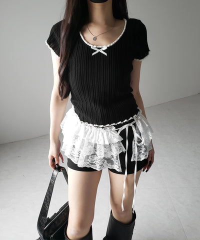 【 ２color 】ミニリボンオープンネック半袖ニットトップス ／ mini ribbon open neck short sleeve knit tops