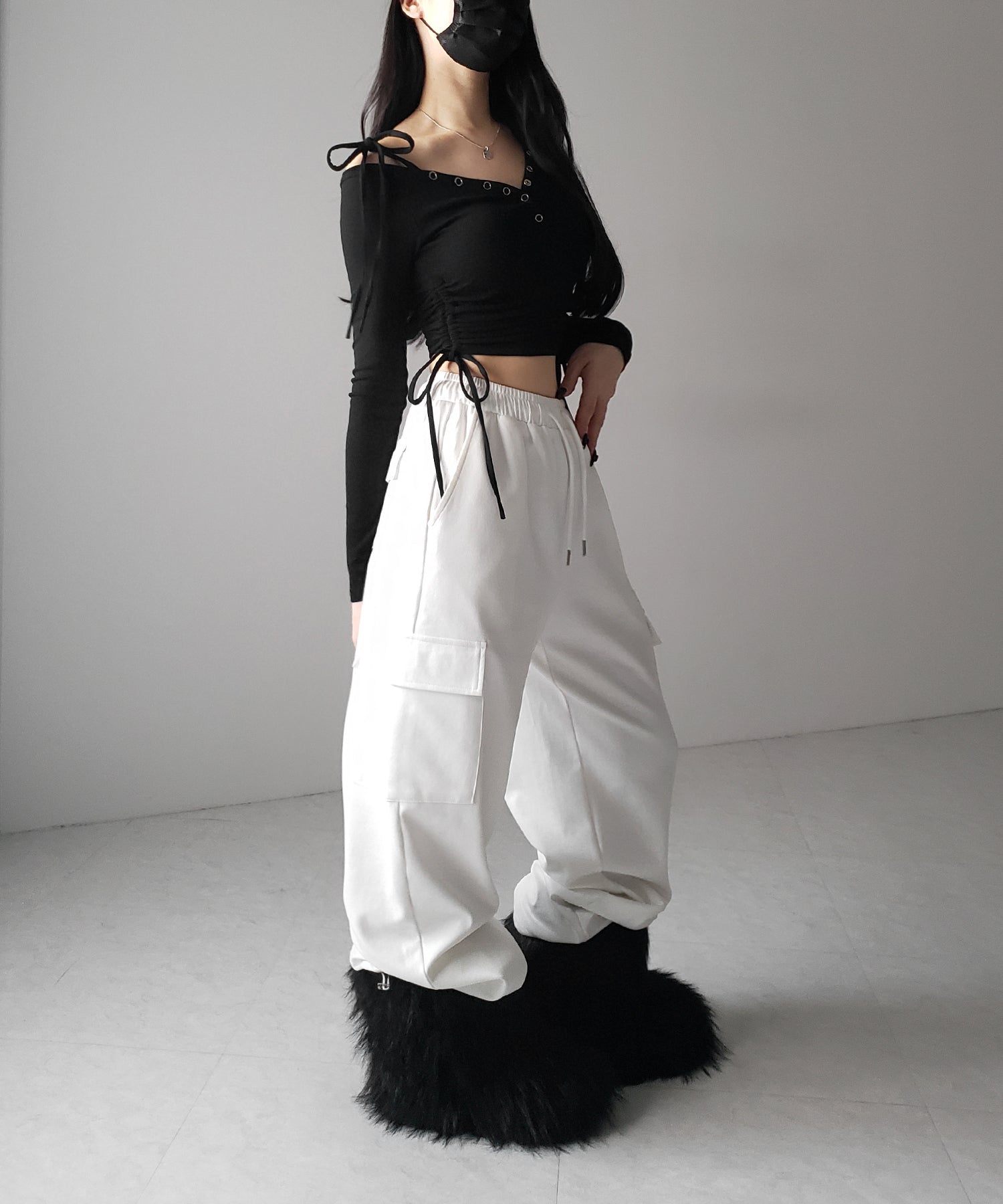 【 ２WAY ／ 裏起毛 】ナナメストラップスナップボタンシャーリングリボントップス ／ naname strap snap button shirring ribbon tops