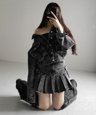 【 セットアップ着用可能 】ヴィンテージケミカルブリーチプリーツデニムミニスカート ／ vintage bleached pleated denim mini skirt