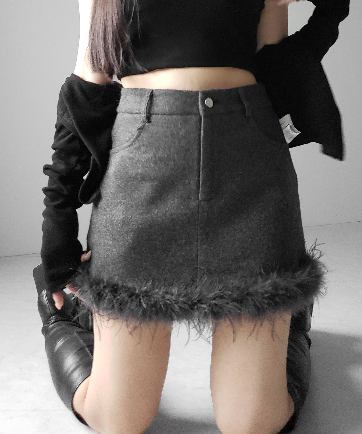 【 インナーパンツ裏地付 】ファードッキングウールライクレディミニスカート ／ fur docking woollike lady mini skirt