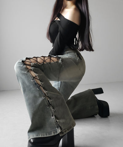 レースアップカットアウトストレッチフレアデニム ／ lace up cutout stretch flare denim