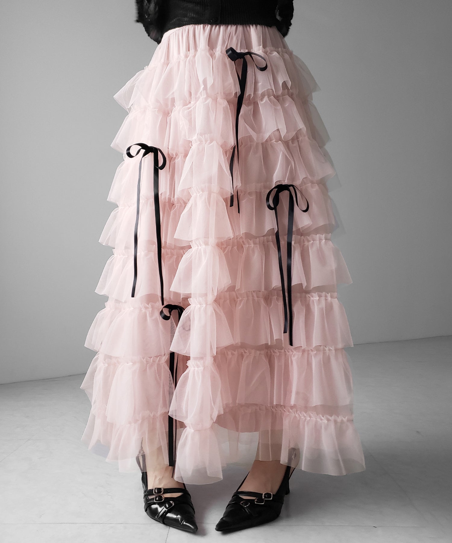 【 新色ピンク追加！／５color 】ストラップリボンバレエコアチュールスカート ／strap ribbon ballet core tulle skirt