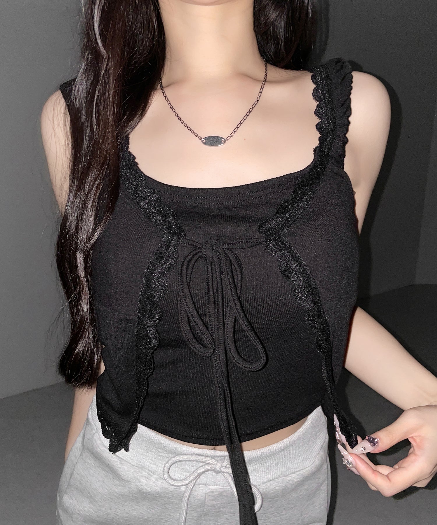 フロントリボンレイヤードリブキャミタンク ／ front ribbon layered lib camisole tank